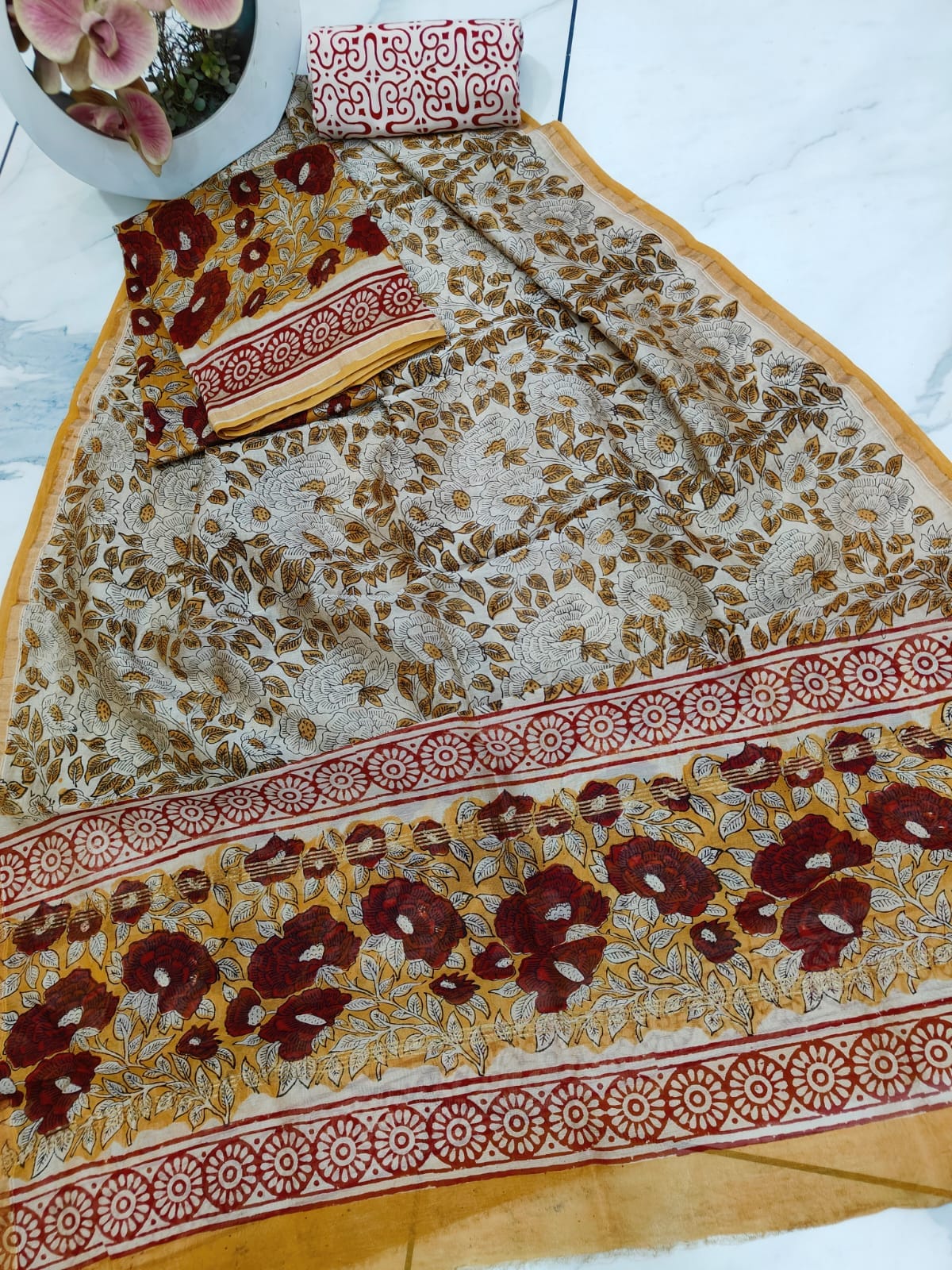BeigeRed Chanderi Silk Dress Material