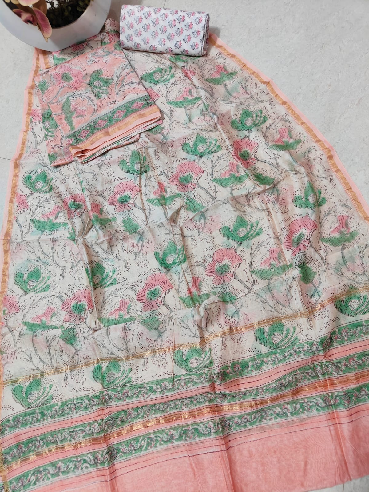 PinkGreen Chanderi Silk Dress Material