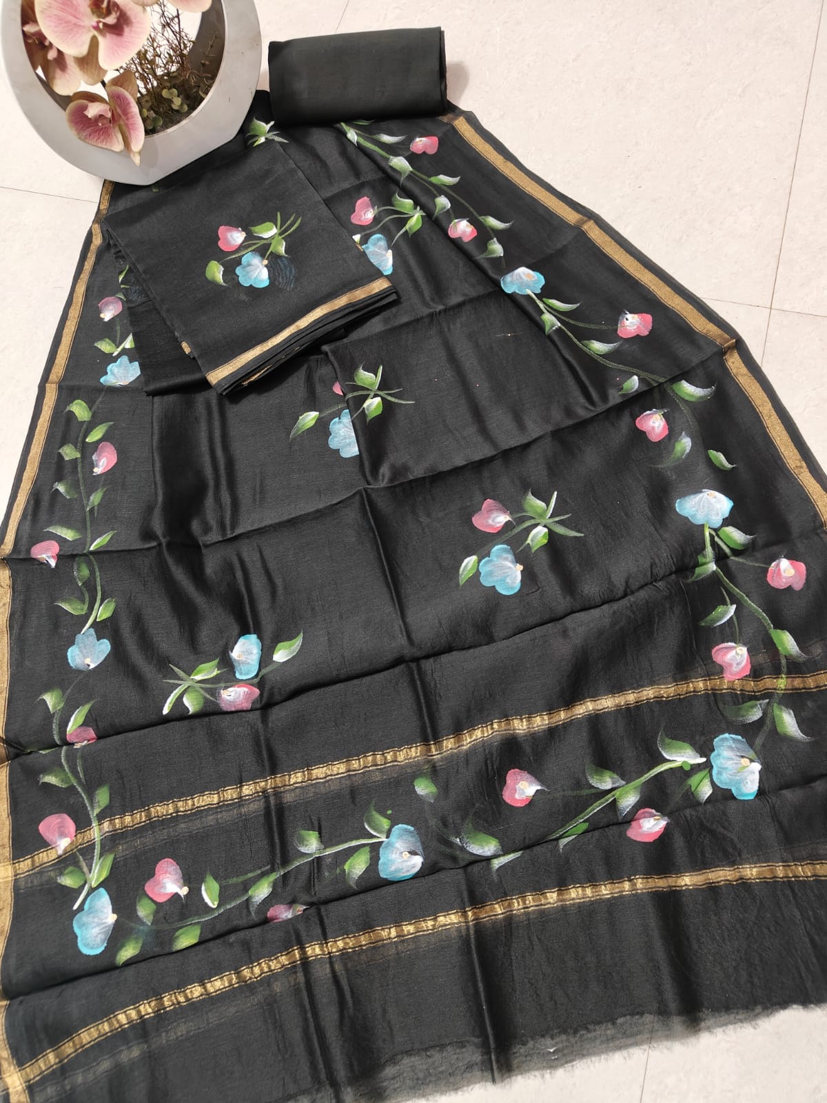 Black Chanderi Silk Dress Material