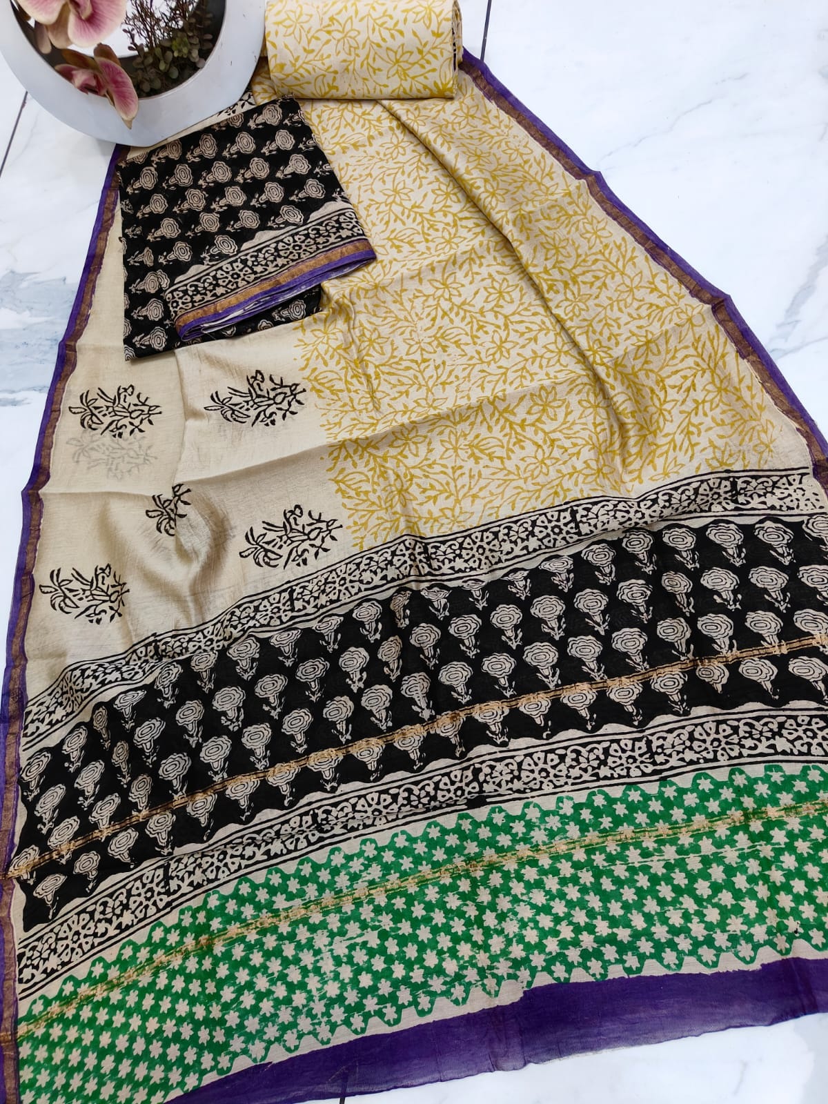 BlackYellowGreen Chanderi Silk Dress Material