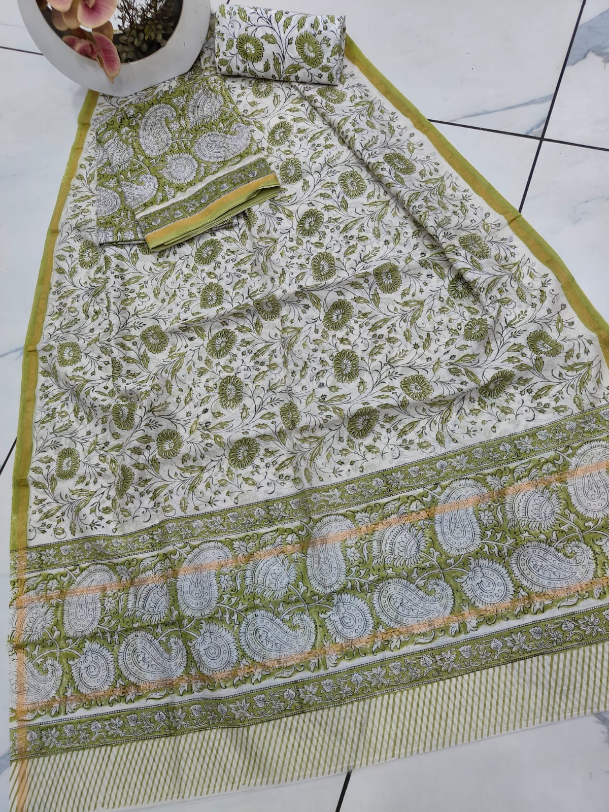 WhiteGreen Chanderi Silk Dress Material