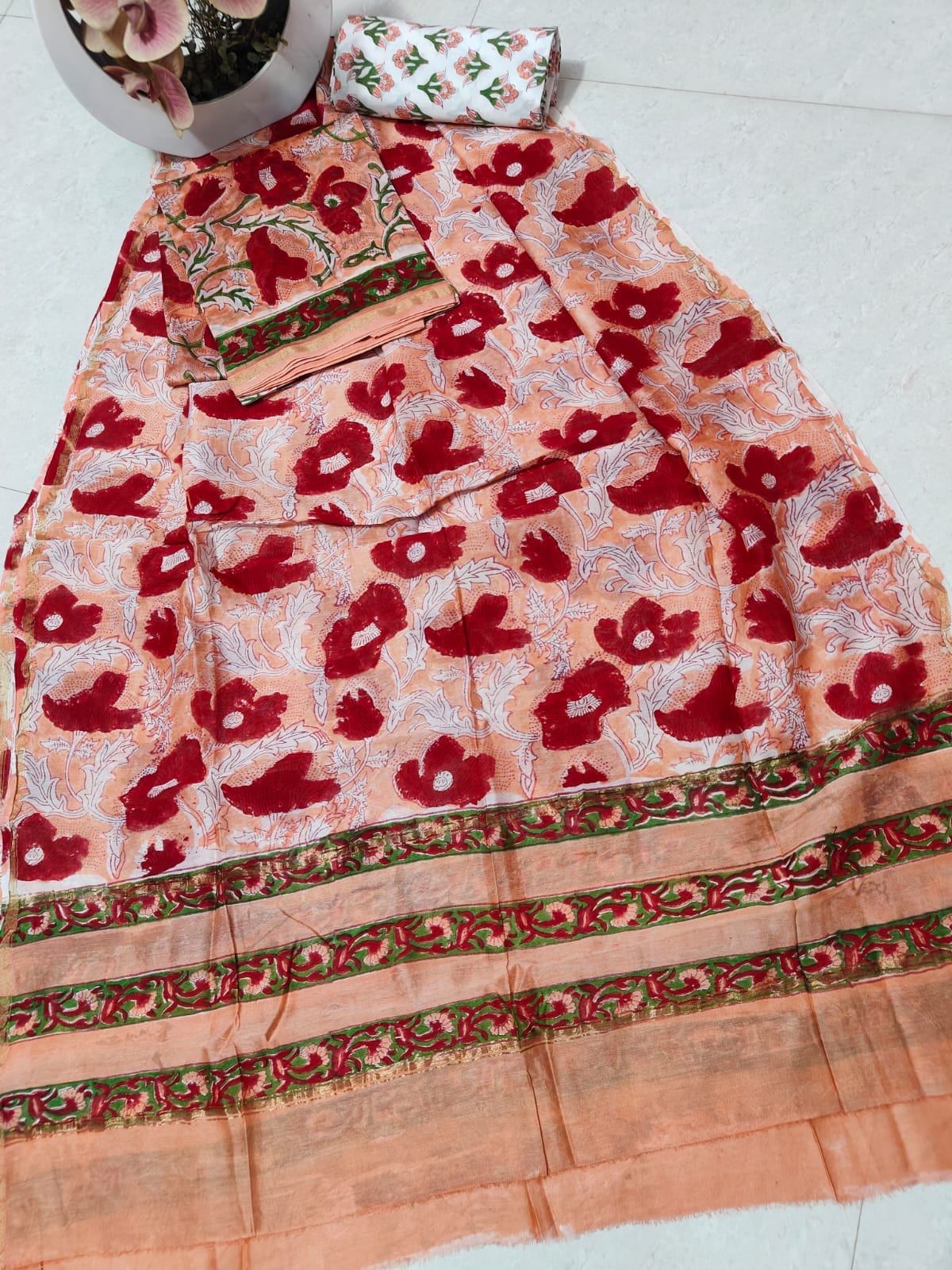 PeachRed Chanderi Silk Dress Material