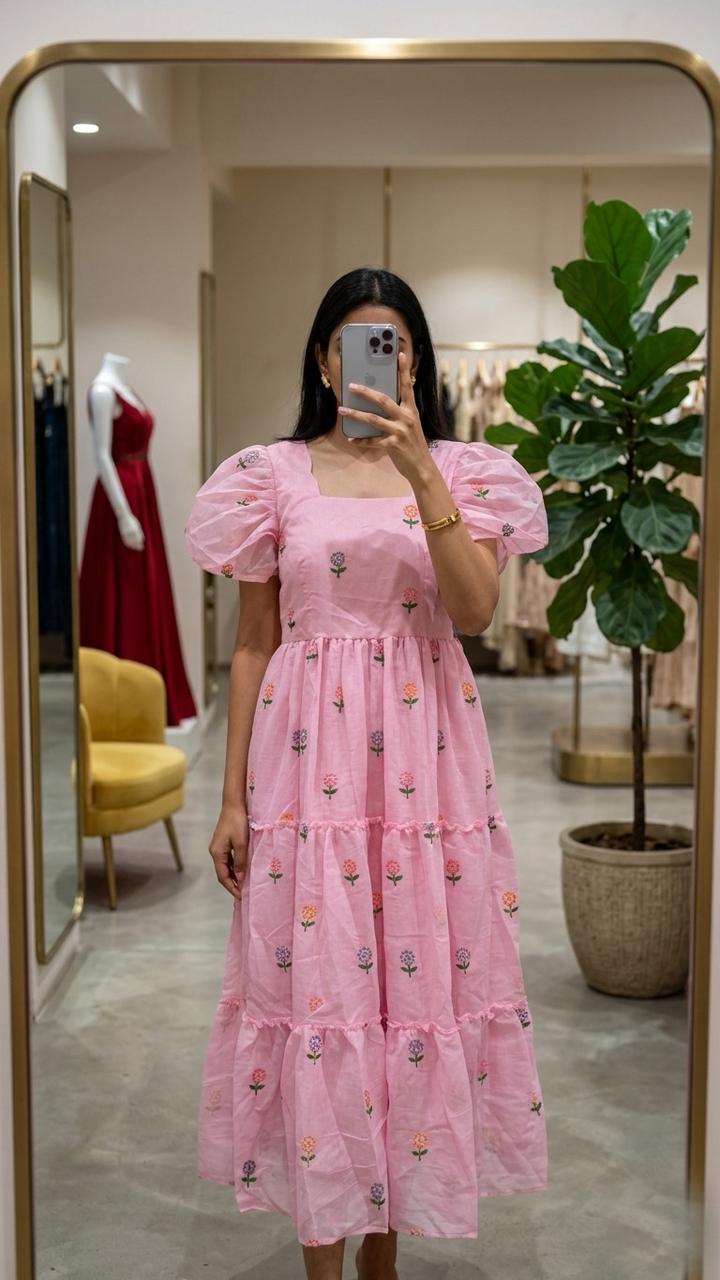 Pink Chanderi Cotton Maxi Frock