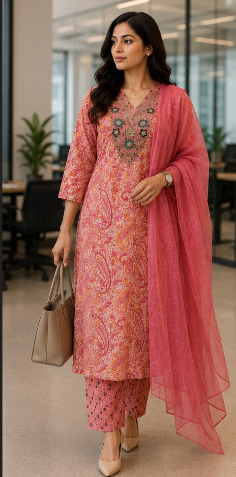Pink Cotton FROCK Pattern Kurti Pant Dupatta set