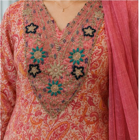 Pink Cotton FROCK Pattern Kurti Pant Dupatta set