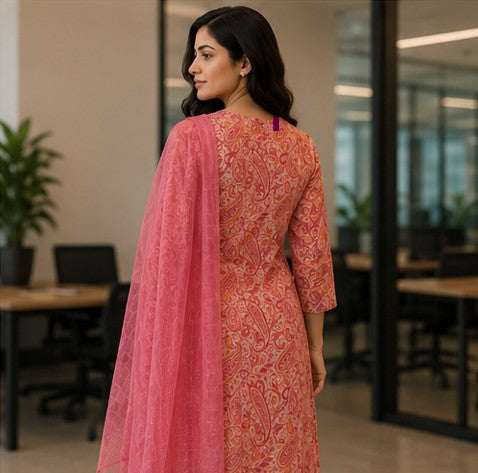 Pink Cotton FROCK Pattern Kurti Pant Dupatta set