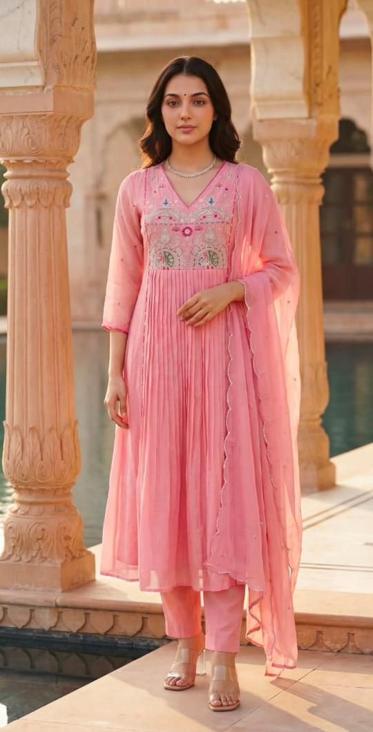 Pink Premium Cotton Anarkali Kurti Pant Dupatta set