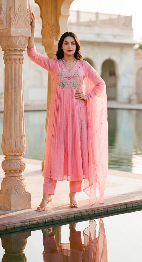 Pink Premium Cotton Anarkali Kurti Pant Dupatta set
