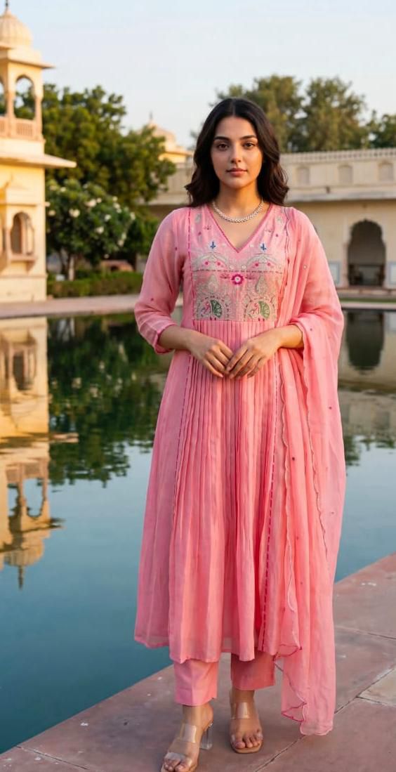 Pink Premium Cotton Anarkali Kurti Pant Dupatta set