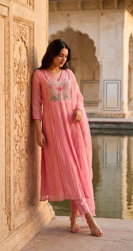 Pink Premium Cotton Anarkali Kurti Pant Dupatta set