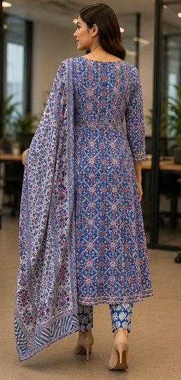 Blue Cotton FROCK Pattern Kurti Pant Dupatta set