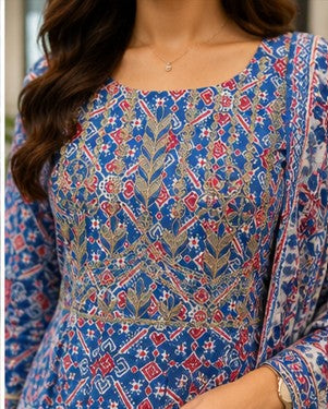 Blue Cotton FROCK Pattern Kurti Pant Dupatta set
