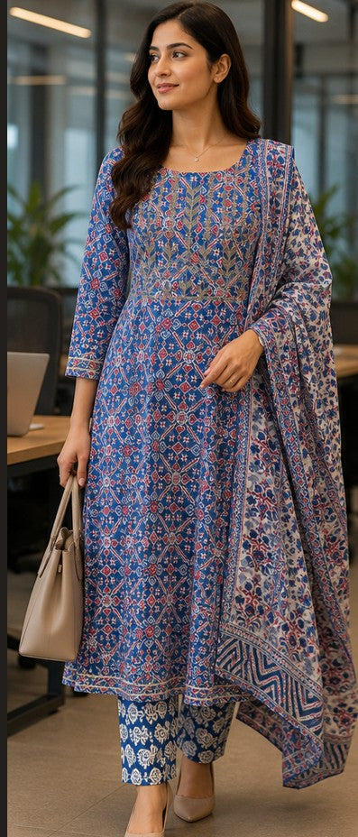 Blue Cotton FROCK Pattern Kurti Pant Dupatta set