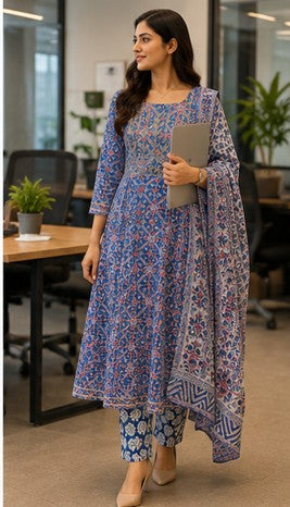 Blue Cotton FROCK Pattern Kurti Pant Dupatta set