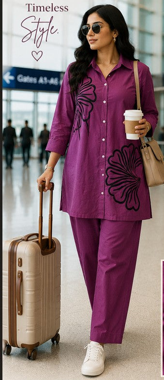 Purple Black Embroidered Cotton Short Coord Set