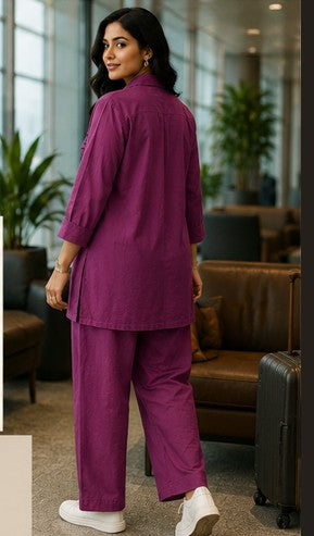 Purple Black Embroidered Cotton Short Coord Set