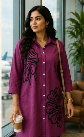 Purple Black Embroidered Cotton Short Coord Set