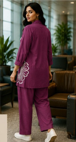 Purple White Embroidered Cotton Short Coord Set