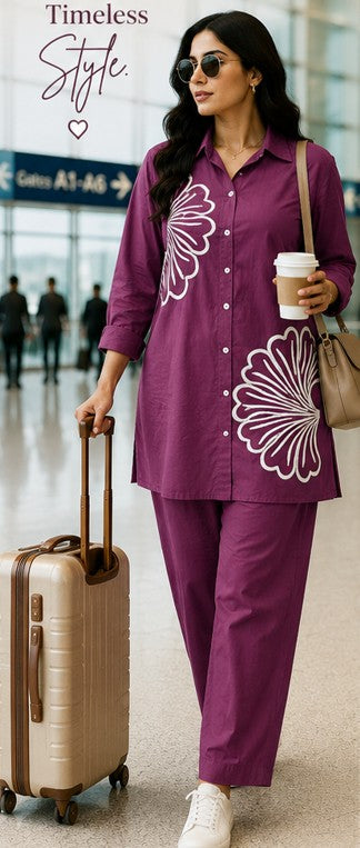 Purple White Embroidered Cotton Short Coord Set