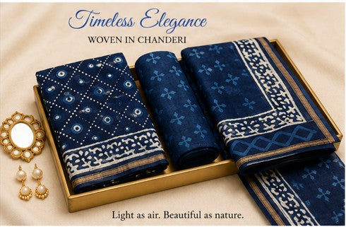 BlueWhite Chanderi Silk Dress Material