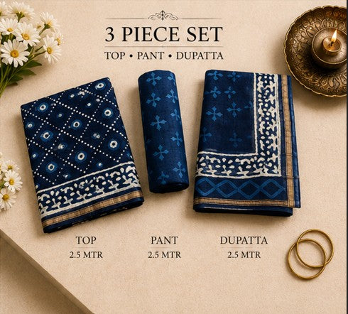 BlueWhite Chanderi Silk Dress Material