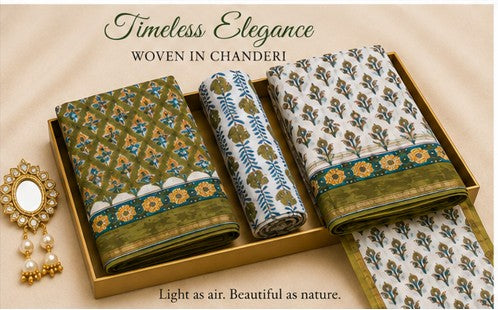 GreenBlueWhite Chanderi Silk Dress Material