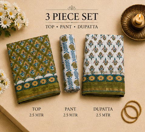 GreenBlueWhite Chanderi Silk Dress Material