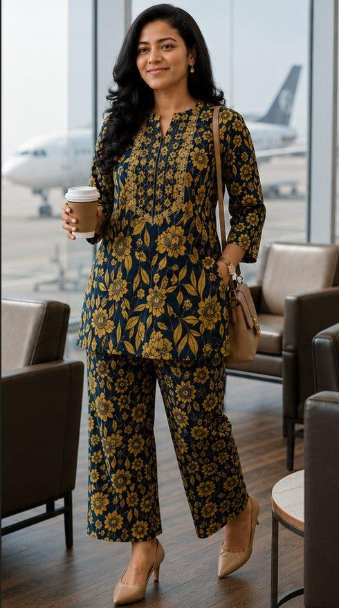 FLORAL Navy Blue Premium Cotton Short Coord Set