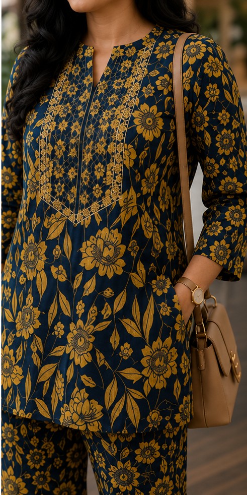 FLORAL Navy Blue Premium Cotton Short Coord Set