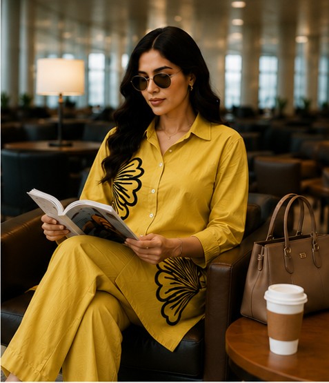 Yellow Black Embroidered Cotton Short Coord Set