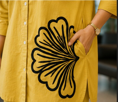 Yellow Black Embroidered Cotton Short Coord Set