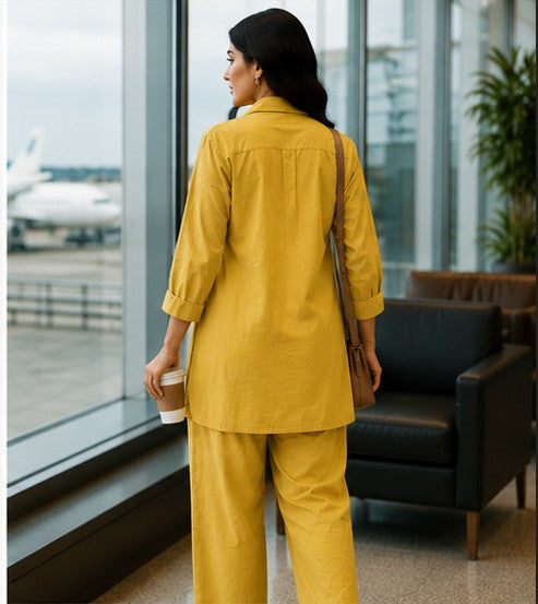 Yellow Black Embroidered Cotton Short Coord Set
