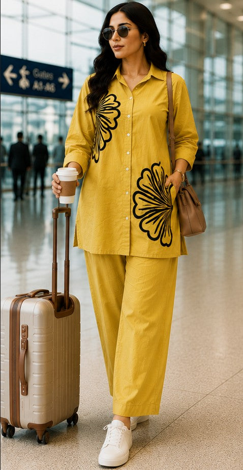 Yellow Black Embroidered Cotton Short Coord Set