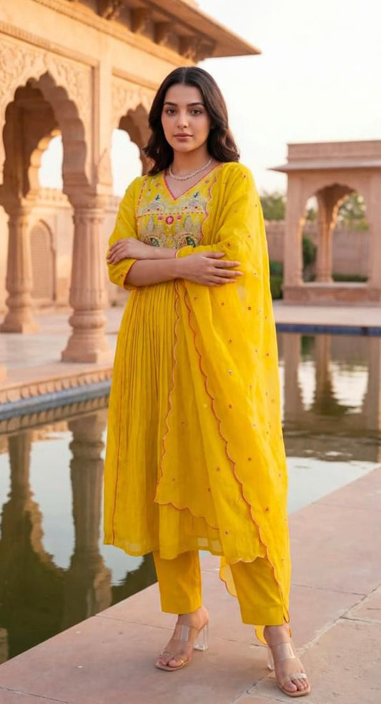Yellow Premium Cotton Anarkali Kurti Pant Dupatta set
