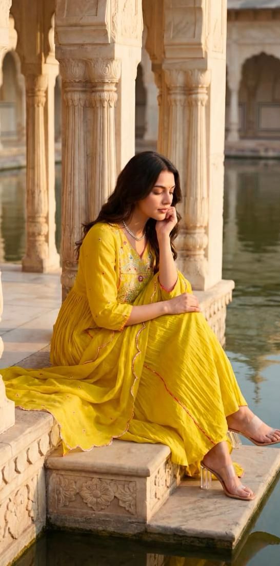 Yellow Premium Cotton Anarkali Kurti Pant Dupatta set