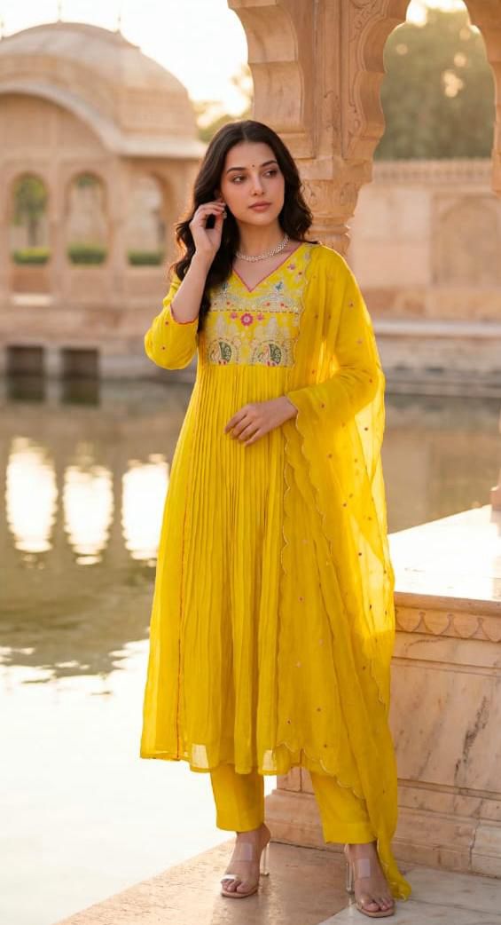 Yellow Premium Cotton Anarkali Kurti Pant Dupatta set