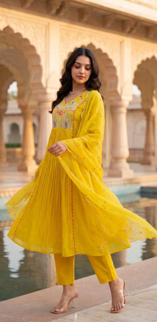 Yellow Premium Cotton Anarkali Kurti Pant Dupatta set