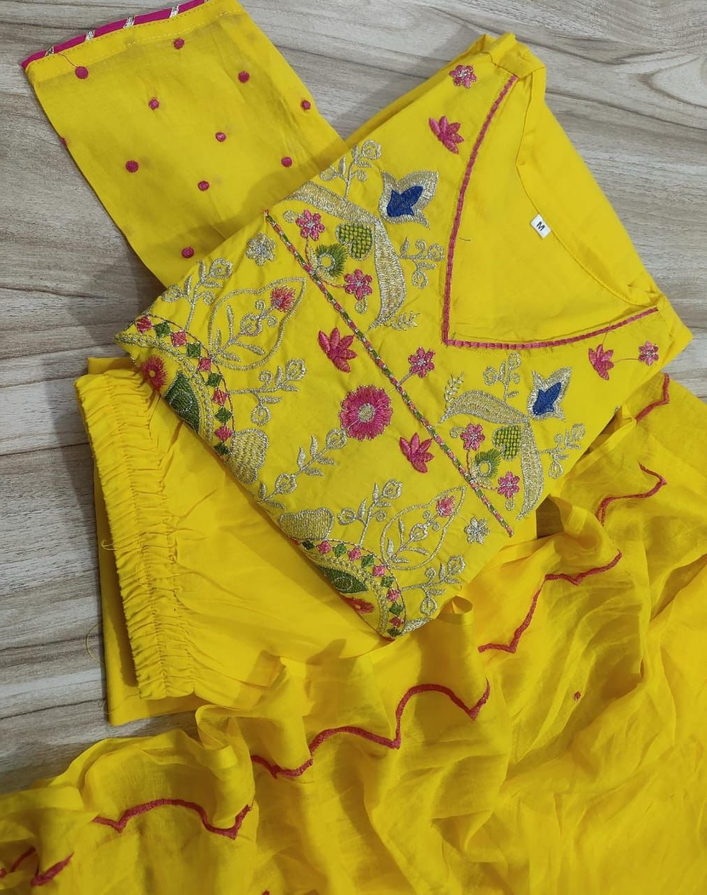 Yellow Premium Cotton Anarkali Kurti Pant Dupatta set