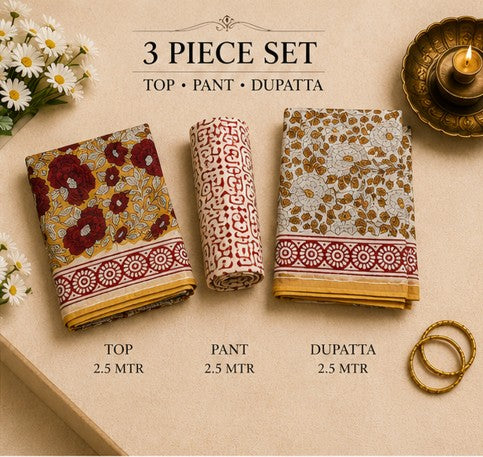 BeigeRed Chanderi Silk Dress Material